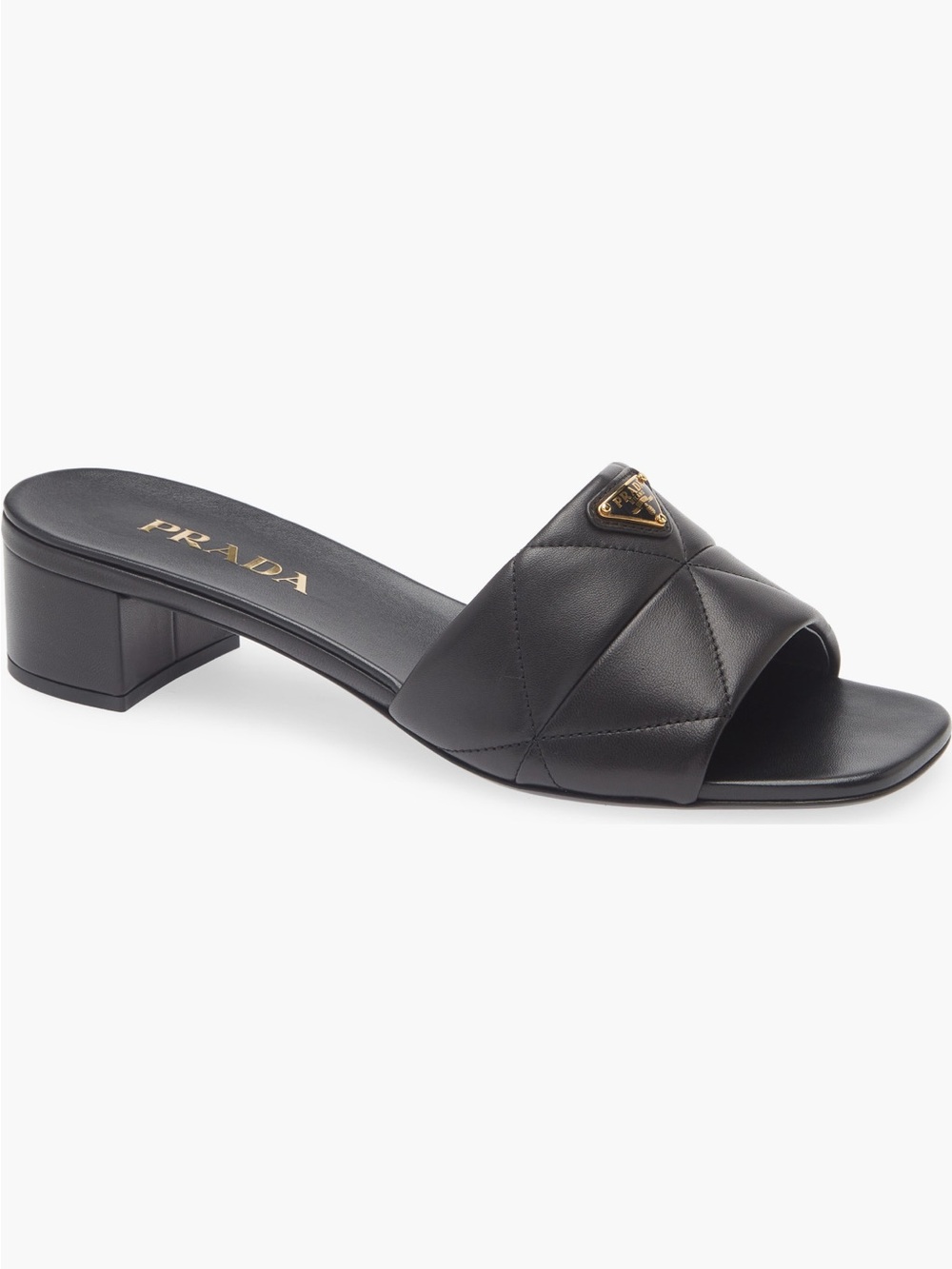 Prada Diagram Black Quilted Nappa Leather Slide sandal 35mm block heel New US 11